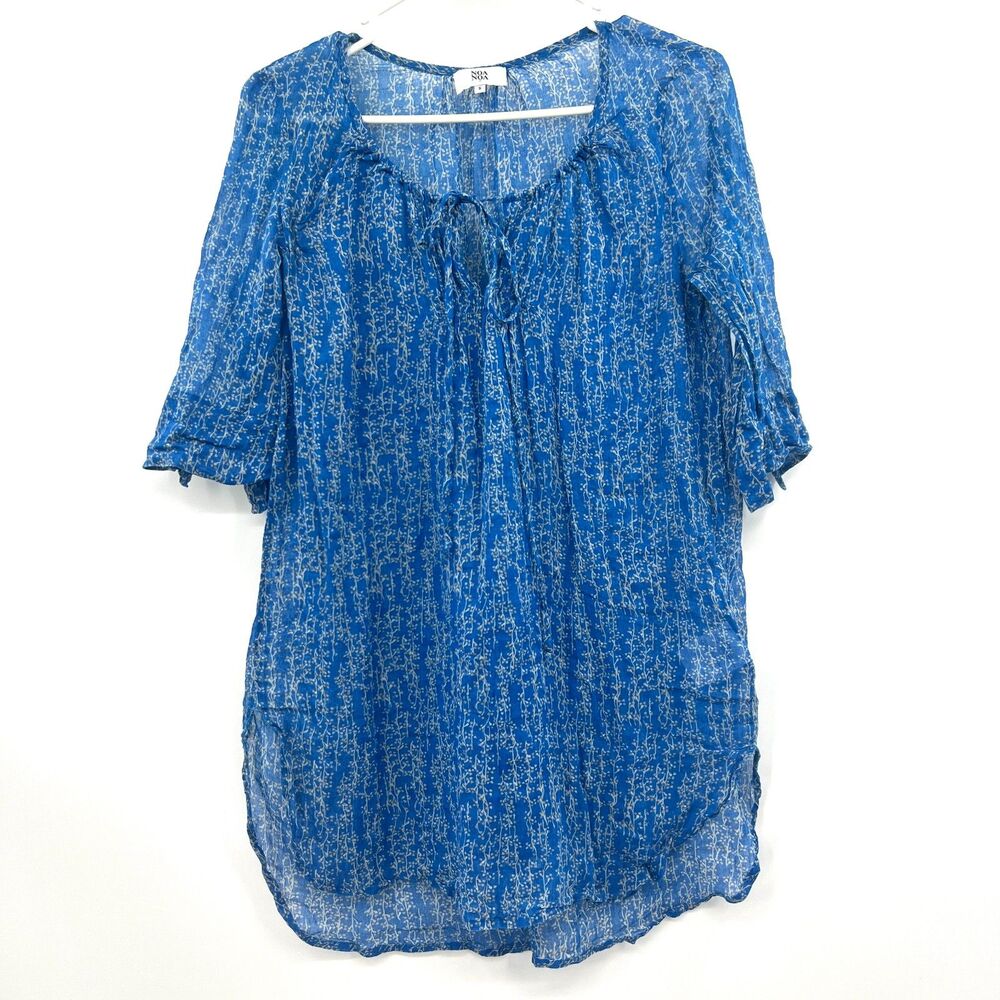 Noa Noa Blue Floral Cotton Boho Peasant Blouse Tie Neck Womens S Tunic Top